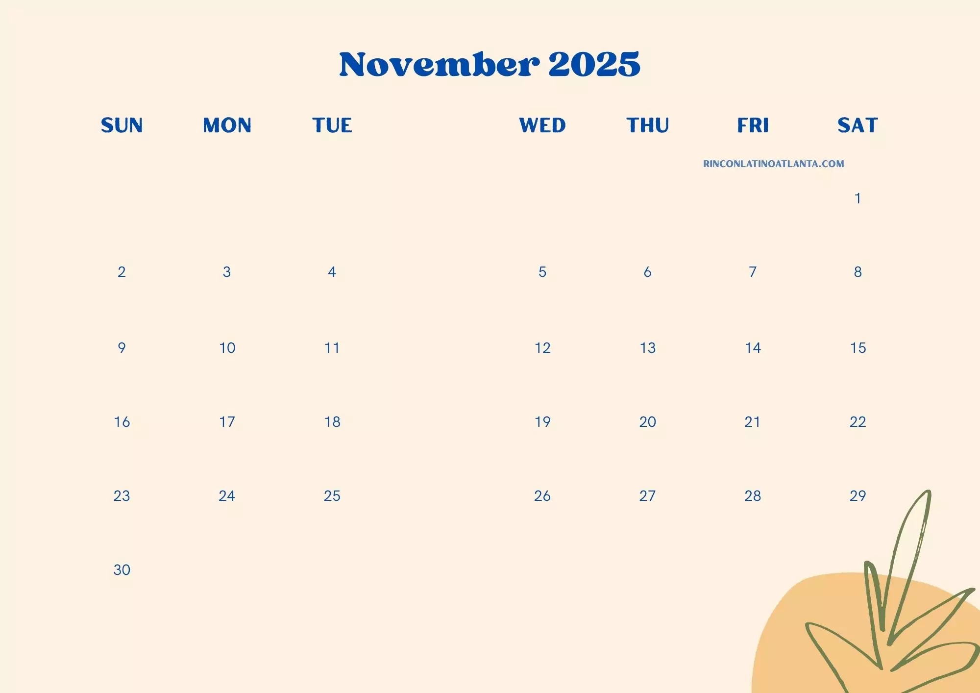Digital November 2025 calendar with U.S. holidays and important dates