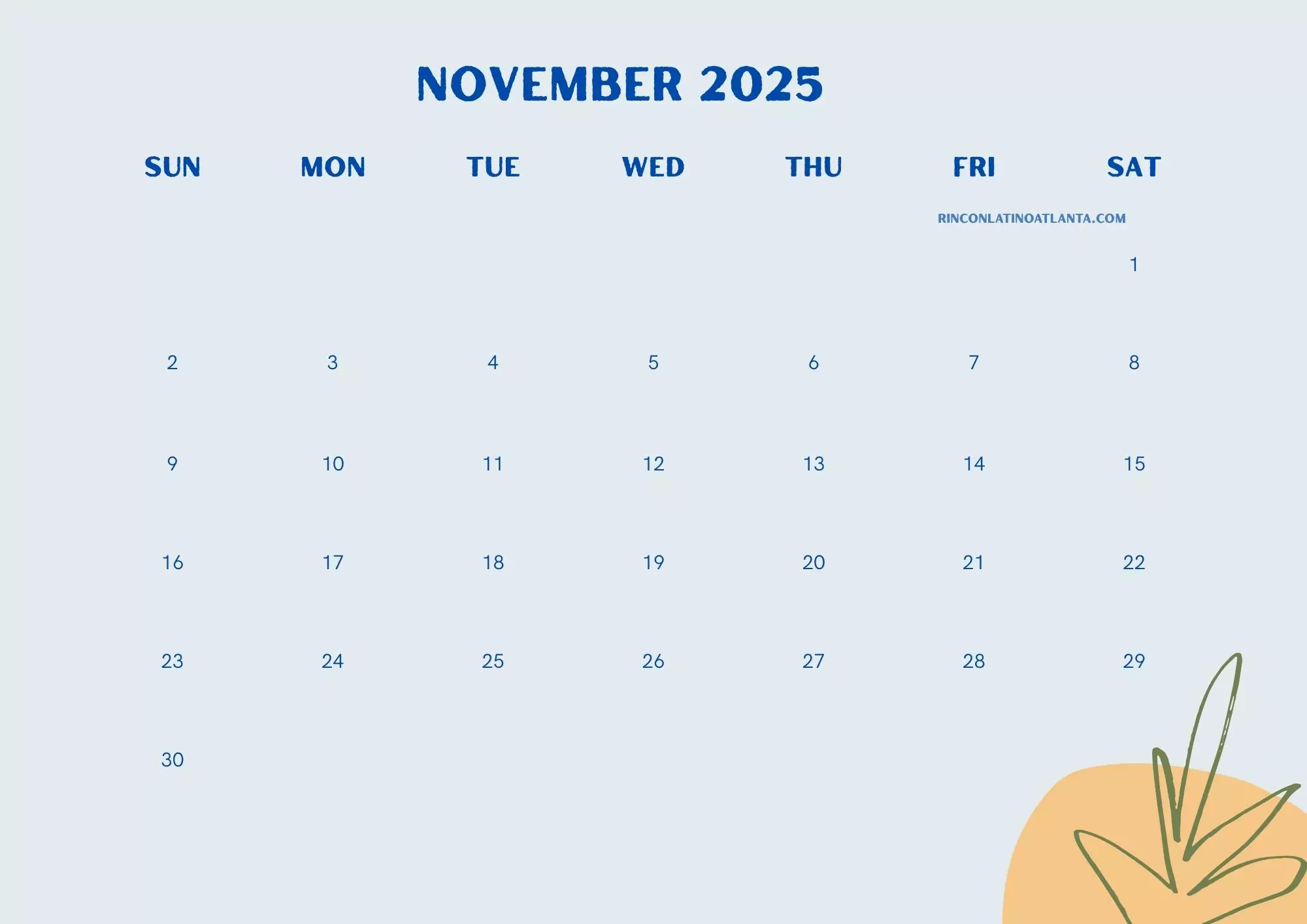 Printable November 2025 calendar template in PDF and Word format